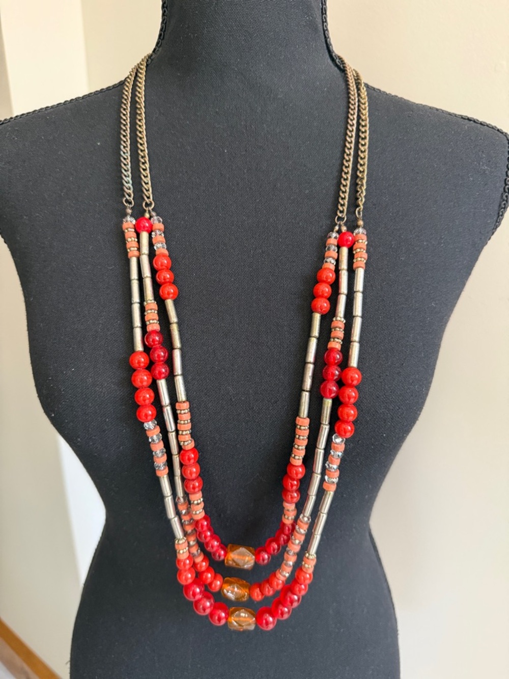 Vintage Triple Strand Boho Glass Crystal Bead Necklace Orange Red Amber Tone 34"